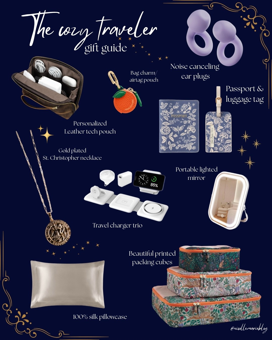 The cozy traveler gift guide. Great gifting options for the girl who loves to travel! Loop noise canceling ear plugs, personalizable leather tech pouch, matching passport and luggage tag, lighted portable mirror, travel charger trio, gold st Christopher necklace, silk pillowcase, beautiful packing cubes.

#LTKGiftGuide #LTKTravel #LTKHoliday