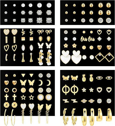70 Pairs Gold Stud Earrings Set for Women Multipack, Trendy Hypoallergenic Pearl Cubic Zirconia M... | Amazon (US)