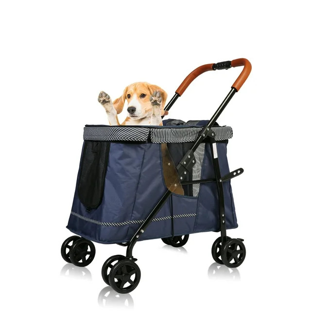 Folding Pet Stroller for Dog or Cats, One-Click Folding Dog Travel Stroller with Dual Entry, Blue | Walmart (US)