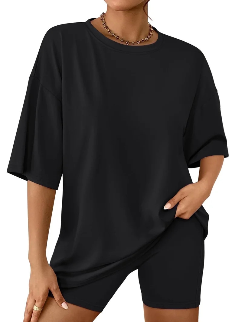 SUNBS 2 Piece Outfit for Women Lounge Sets Oversized Tshirts Matching Biker Short Summer Clothing... | Walmart (US)