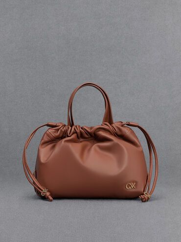 Cognac Leather Ruched Drawstring Bag | CHARLES & KEITH | Charles & Keith EU
