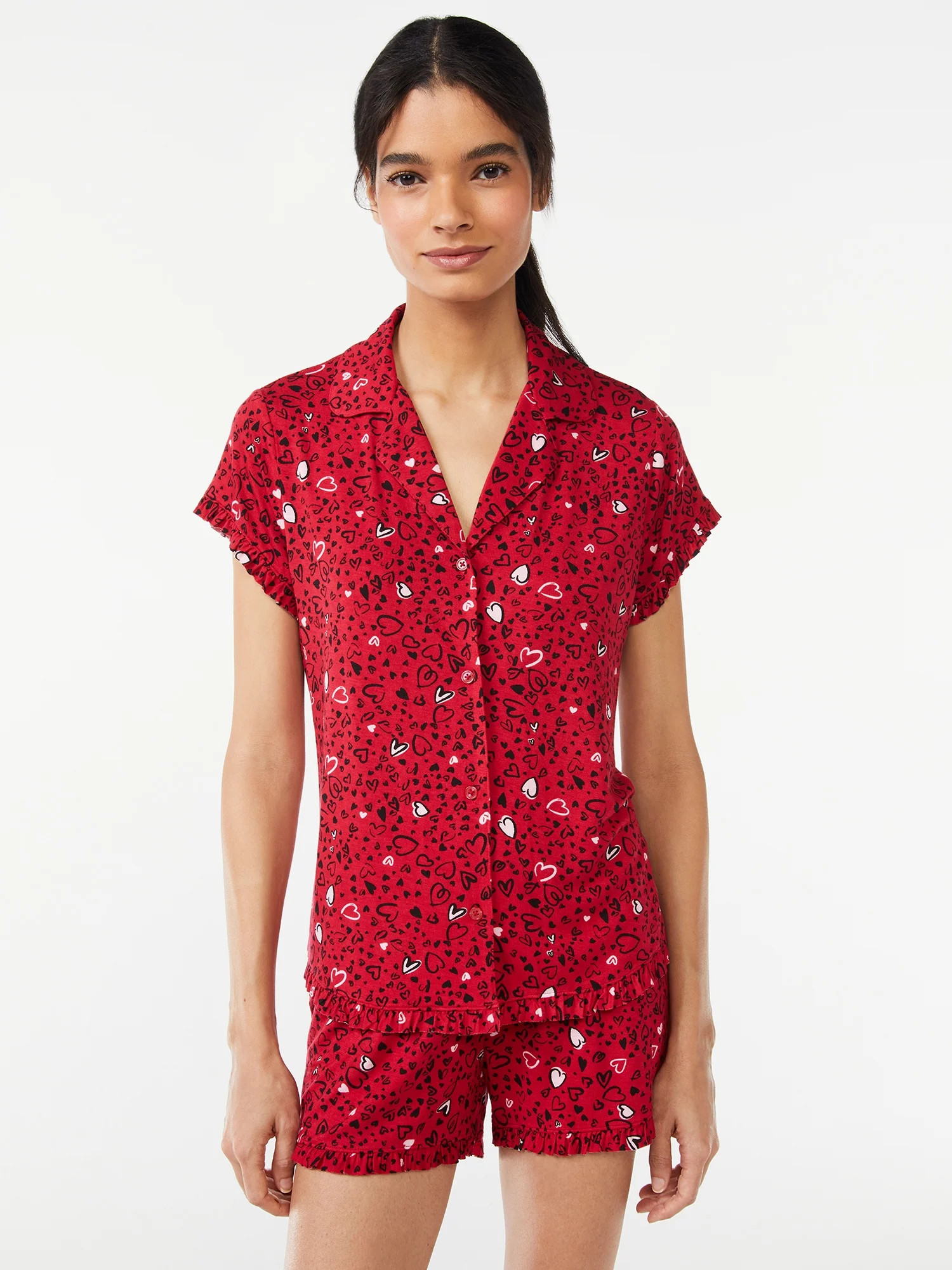 Joyspun Women's Notch Collar Shorty Pajama Set with Ruffles, Sizes S to 3X - Walmart.com | Walmart (US)