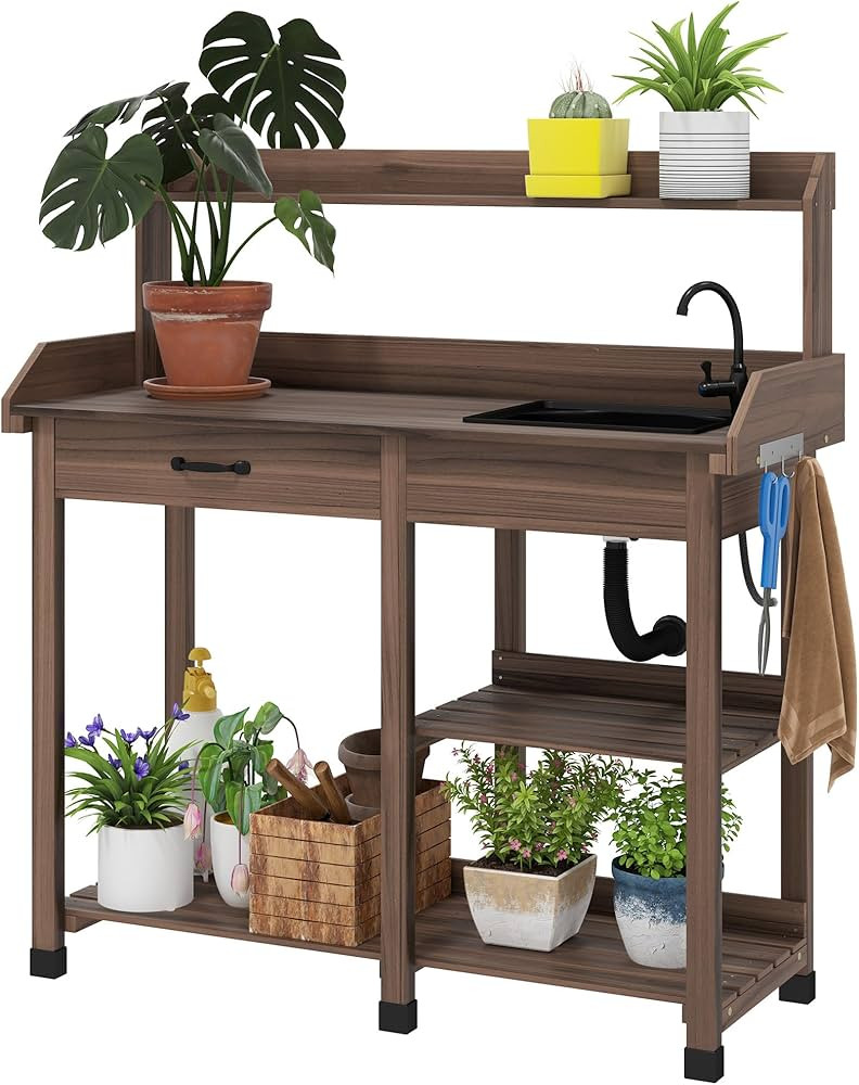 Outsunny Potting Bench Table, Outdoor Garden Table Wooden Work Station with Removable Sink, Fauce... | Amazon (US)