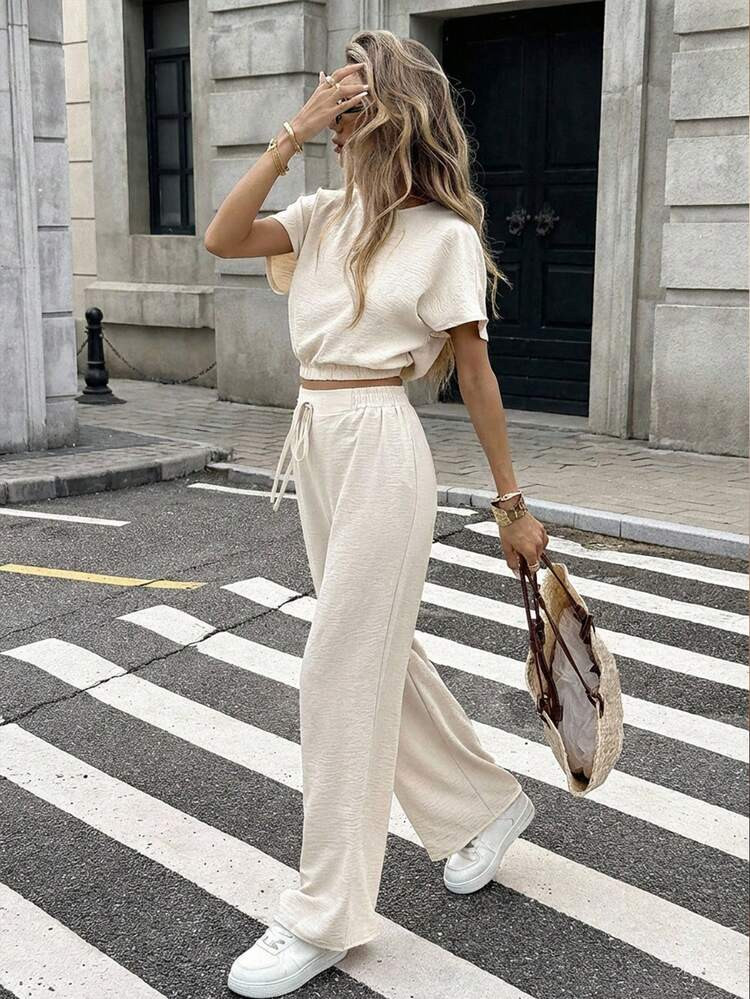 Serisse Batwing Sleeve Crop Top & Drawstring Waist Pants Textured Fabric Two Pieces Summer Casual | SHEIN