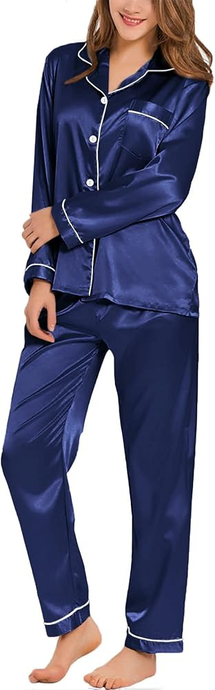 SWOMOG Womens Silk Satin Pajamas Loungewear Two-piece Sleepwear Button-Down Pj Set | Amazon (US)