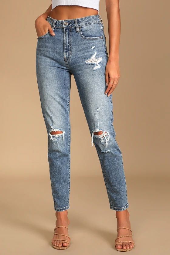 Tobi Medium Wash High Rise Distressed Denim Mom Jeans | Lulus (US)