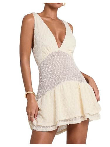 SOLY HUX Women's Summer Crochet Knit Mini Dress Deep V Neck Sleeveless Ruffle Layered A Line Vacation Party Dresses Solid White Medium | Amazon (US)