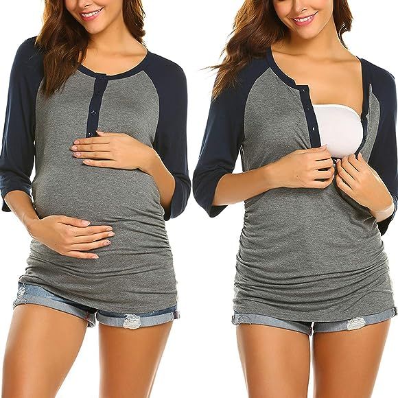 Ekouaer Women's Maternity Nursing Top 3/4 Sleeve Breastfeeding Henley Shirt Soft Tees Baseball T-... | Amazon (US)