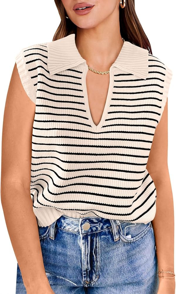 ANRABESS Women Summer Tank Tops Striped Sleeveless Polo V Neck Knit Sweater Vest Shirts 2024 Tren... | Amazon (US)