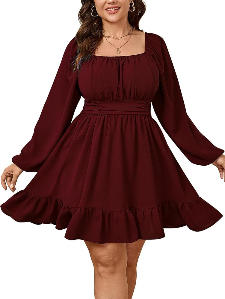 Womens Plus Size Dress Long Lantern Sleeve Square Neck Elastic Waist A-Line Mini Short Dress | Amazon (US)