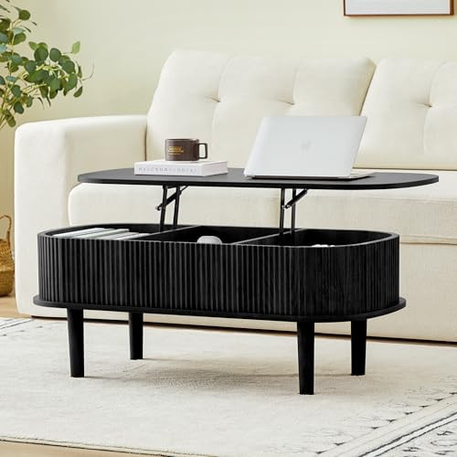 Fluted Lift Top Coffee Table with Hidden Compartment, Fully Assembled Wooden Center Table, Modern Oval Lift Tabletop for Home Living Room Office, Black | Amazon (US)