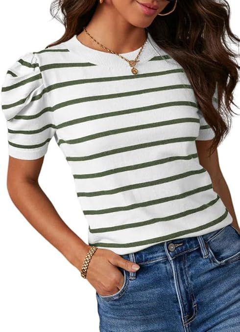 Dokotoo Women's Short Puff Sleeve Knit Tops 2024 Trendy Crewneck Striped T Shirts Casual Summer B... | Amazon (US)