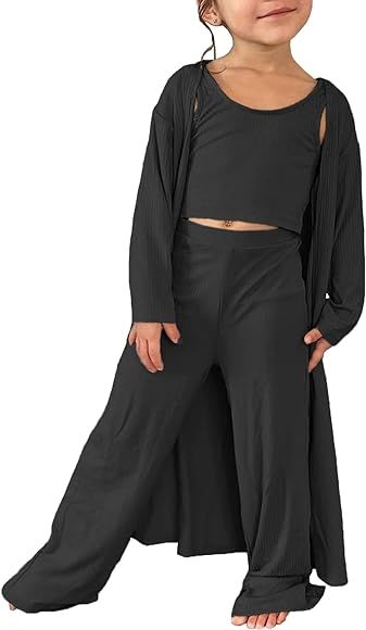 Girls 3 Piece Sweatsuit Outfit Kids Cute Crop Vest Top & High Waist Pants & Cardigan Knitwear Jumpsu | Amazon (US)
