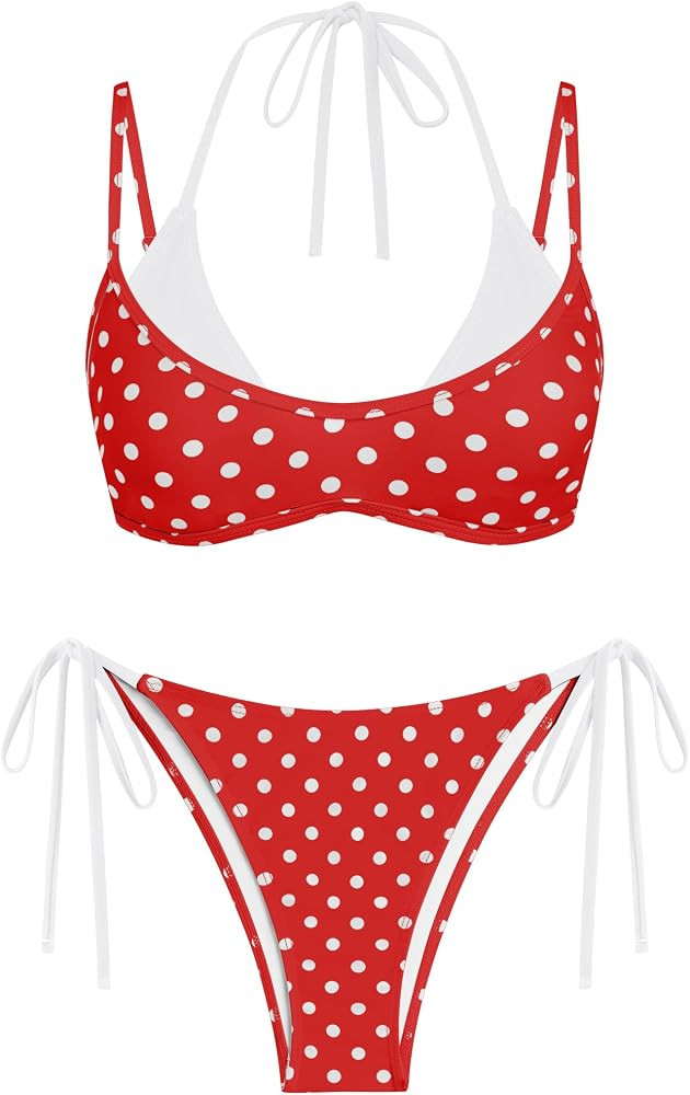 ZAFUL Women's Polka Dot Bikini Set Double Layer Halter Swimsuit Colorblock Side Tie 2 Piece Bathi... | Amazon (US)