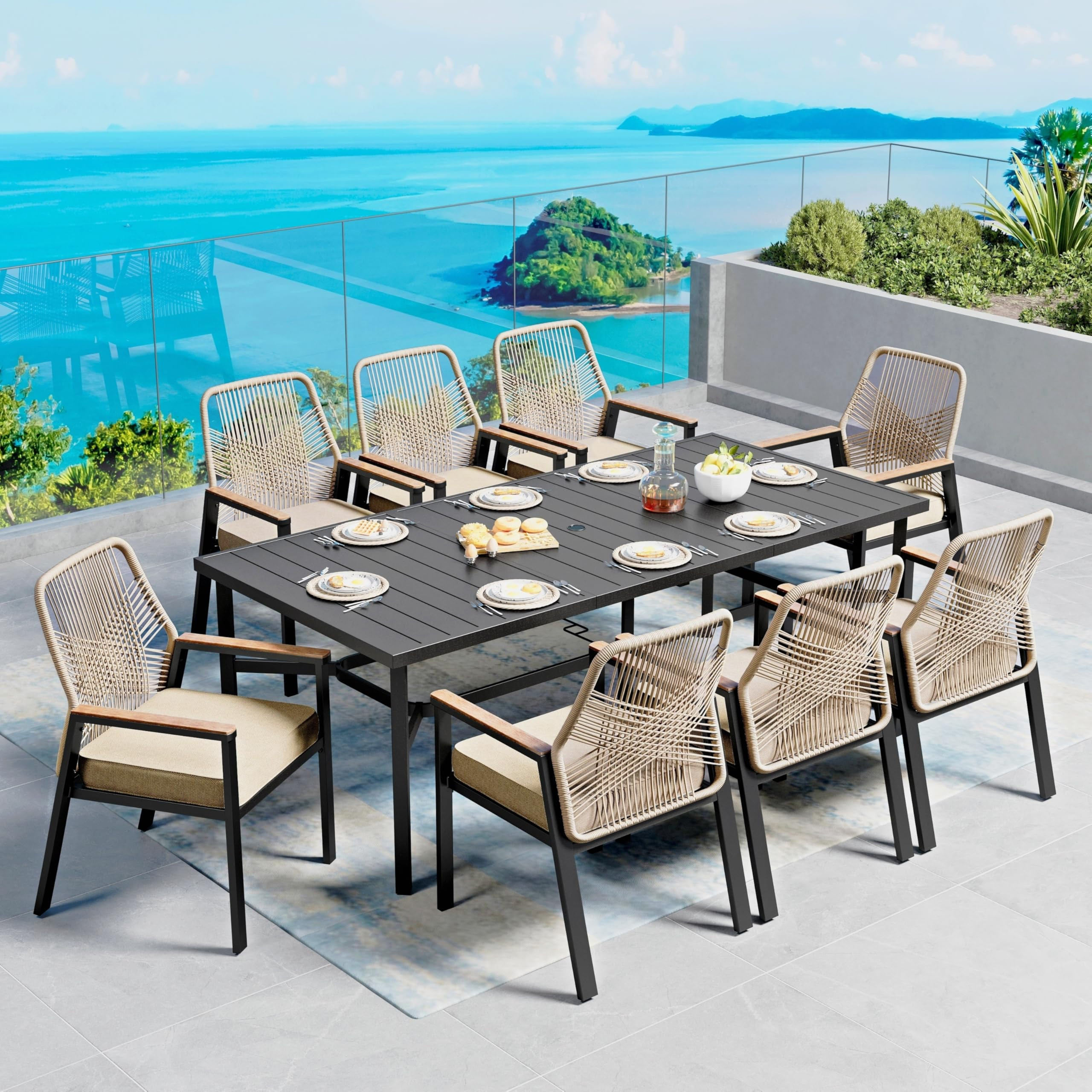 9 Pieces Patio Dining Set, 8 x Woven Rattan Chairs with Waterproof Cushion, 83" Rectangular Metal... | Amazon (US)