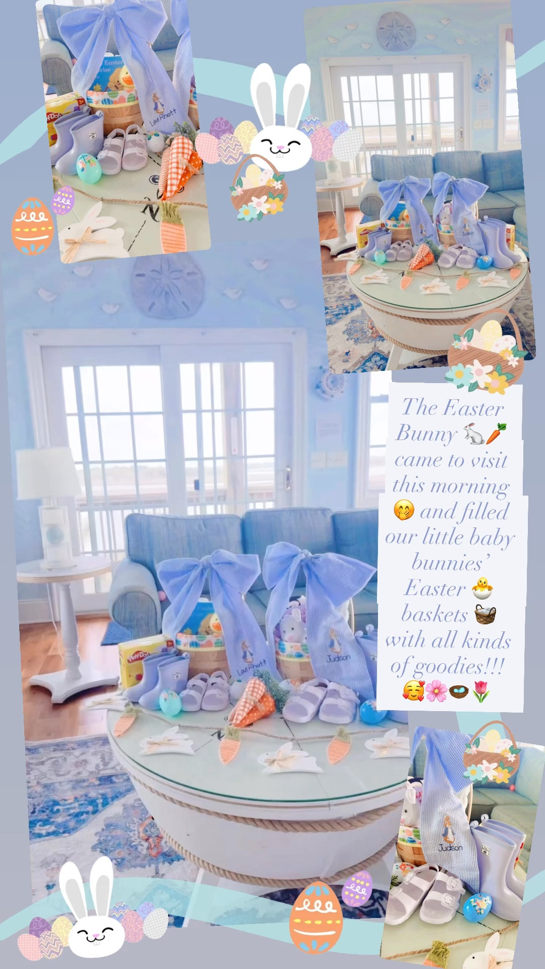 The Easter Bunny 🐇🥕 came to visit this morning 🤭 and filled our little baby bunnies’ Easter 🐣 baskets 🧺 with all kinds of goodies!!! 🥰🌸🪺🌷