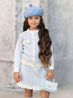 Light Blue Houndstooth Knit Cardigan and Ruffle Skirt Set Blue / 10Y/12Y | Mia Belle Girls