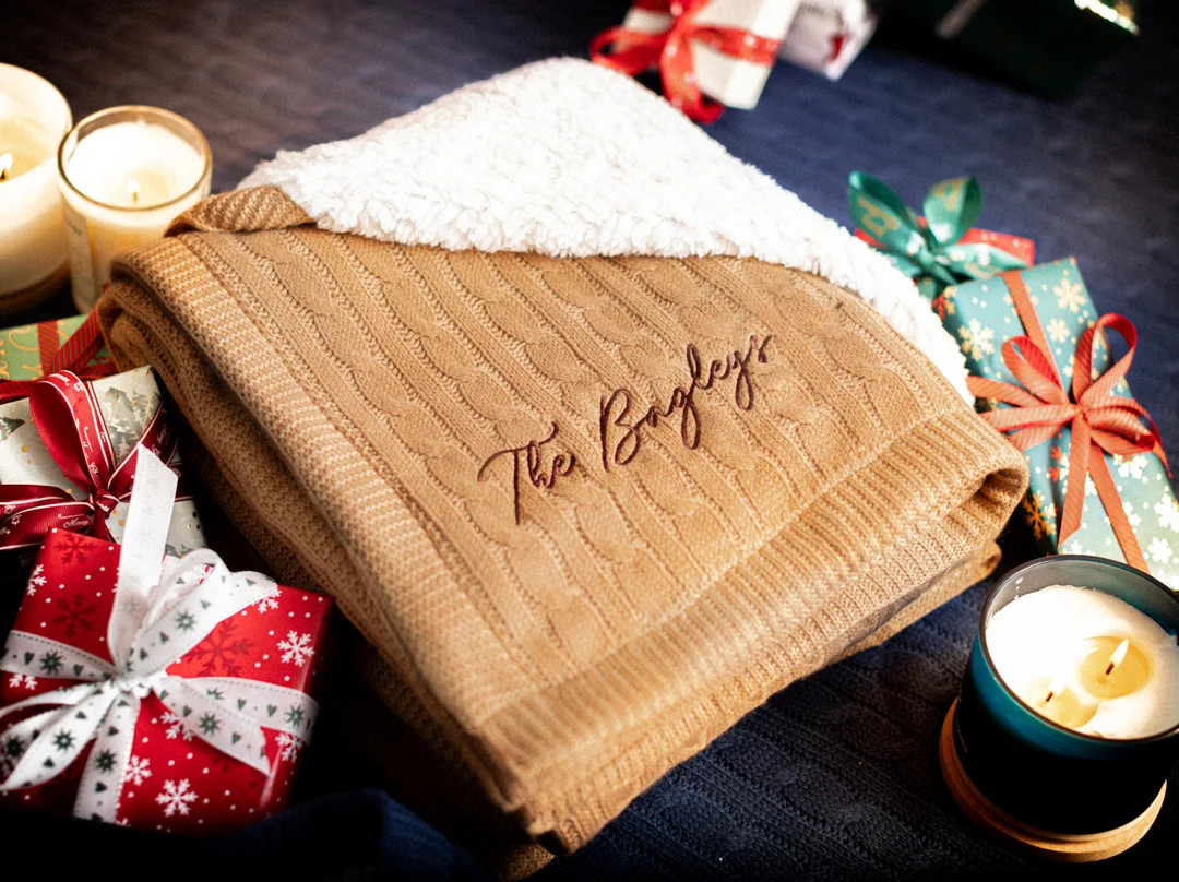 Double Fleece Cable Knit Throw Blanket, Christmas Hostess Gift Monogrammed Blanket With Custom Na... | Etsy (US)