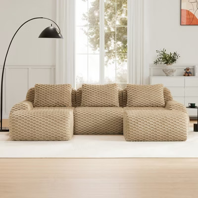 114" U-Shaped Modular Sofa Flannelette 3-Seater Ottoman Buckle No Assembly Light Camel | Target
