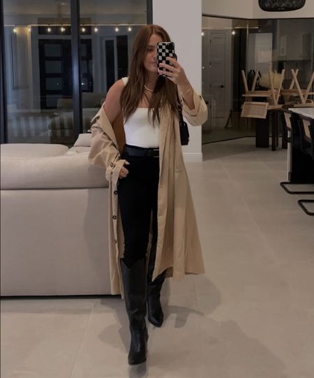 Trench is old but linked similar and on sale right now! 

Top: “1” (unique sizing)
Pants: 00-4 range. I’m a 6 and would have preferred the next size range up (6-12) so go with your TTS range
Boots: TTS

#LTKshoecrush #LTKHoliday #LTKstyletip