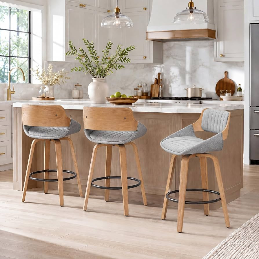 LUNLING 24.6" Swivel Bar Stools Set of 3,Mid Century Modern Gray Charcoal Linen Look Fabric Upholstered Counter Height Barstools,Kitchen Island Wooden Bar Chairs | Amazon (US)