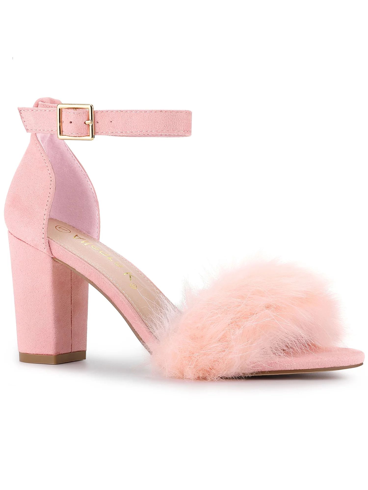 Allegra K Women's Solid Color Faux Fur Ankle Strap Block Heels Sandals | Walmart (US)