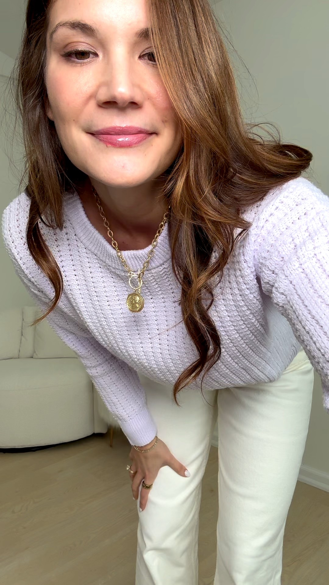 I obviously love this sweater because I bought it in every color!! This purple with the white pants is such an easy everyday outfit. The sleeve length is perfect and it hangs really well without feeling bulky! 

Purple sweater outfit, cozy knit sweater, relaxed fit sweater, long sleeve sweater, white jeans casual, sneakers outfit inspo, Stang and co

#LTKTall #LTKSeasonal #LTKootd