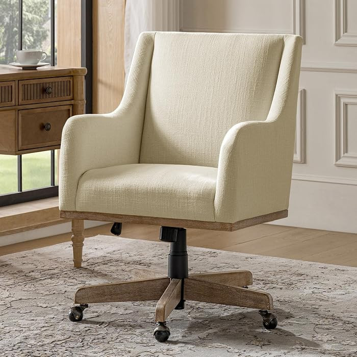 HULALA HOME Soild Wood Farmhouse Upholstered Home Office Desk Chair, Linen | Amazon (US)