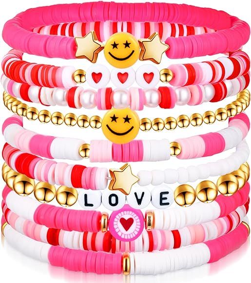 10 Pcs Holiday Bracelets Set Heishi Surfer Bracelet Polymer Clay Stretch Bracelet for Women Girls... | Amazon (US)