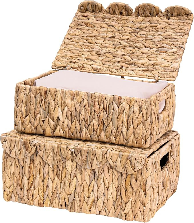 Set of 2 Scalloped Edge Wicker Basket with Lids, Rectangle Wicker Storage Basket with Built-in Ha... | Amazon (US)