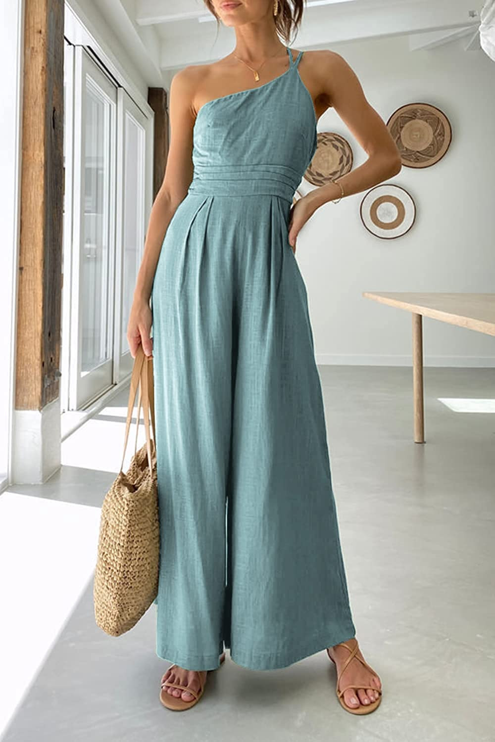 PRETTYGARDEN Women's Summer One Shoulder Strap Jumpsuits Casual High Waist Wide Leg Pleated Rompe... | Amazon (US)