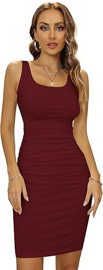 Missufe Women's Sleeveless Tank Ruched Casual Knee Length Bodycon Sundress Basic Fitted Dress | Amazon (US)