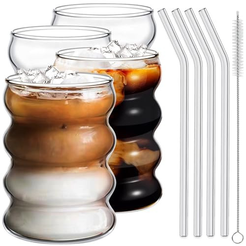Ework4U 4 Pcs Iced Coffee Glasses with Glass Straws 14oz Thick Drinking Glass Cup Set,Iced Latte Glasses,Cocktail Glasses,Beer Glasses,Ideal for Water,Soda,Tea,Gift - with Cleaning Brushe | Amazon (US)