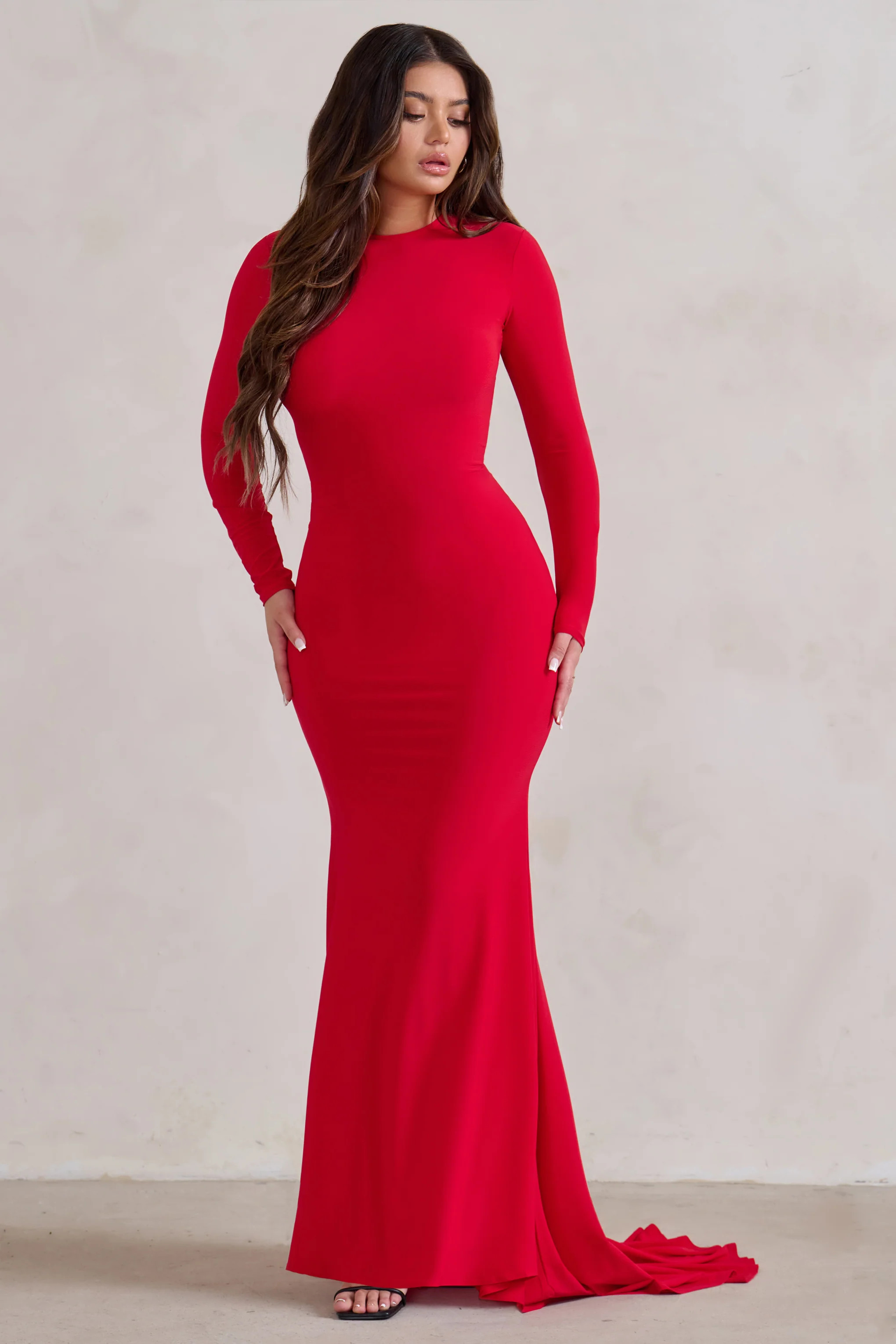 One Step Ahead | Red Long Sleeve Backless Fishtail Maxi Dress | Club L London
