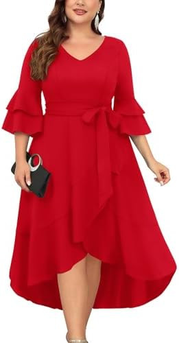 Plus Size Wedding Guest Dress - Semi Formal Double Bell Sleeve V Neck High Low Split Ruffle Cockt... | Amazon (US)