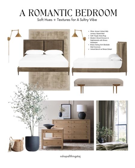 Let’s work our way through this romantic space:

*Olive-brown Velvet Mid-century Styled Bed
*Soft Taupe Area Rug
*Modern Wood Dresser & Nightstands with Brass Hardware
*Brass Swing Arm Bedside Wall Sconces
*Velvet Bench w/ Brass Detail
*Soft Olive Linen Black-out Drapes
…and a styled olive tree in the corner never hurt nobody 🤗


#LTKHome #LTKSaleAlert #LTKStyleTip