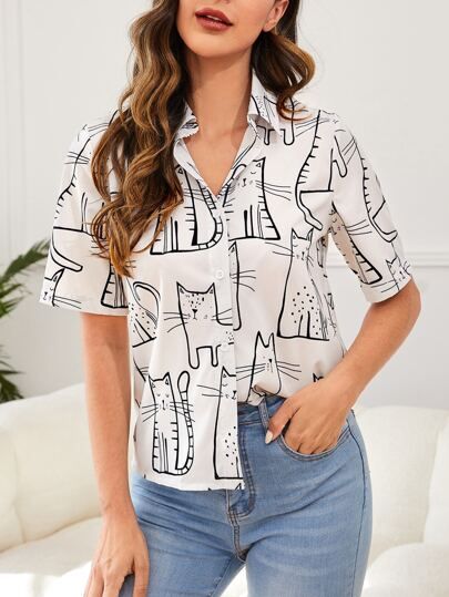 Cartoon Graphic Button Front Blouse | SHEIN