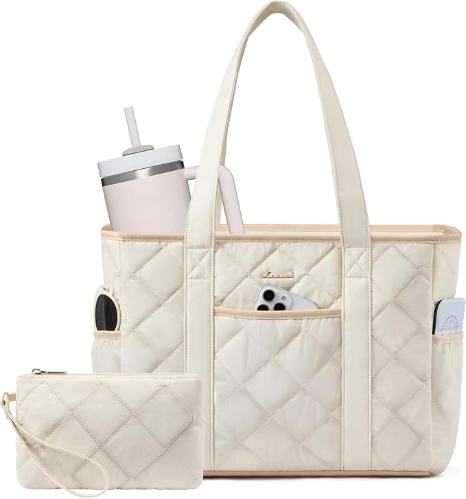 LOVEVOOK Puffer Tote Bag for Women with Cup Holder, Work Tote with Zip, Quilted Nurse Teacher Sho... | Amazon (US)