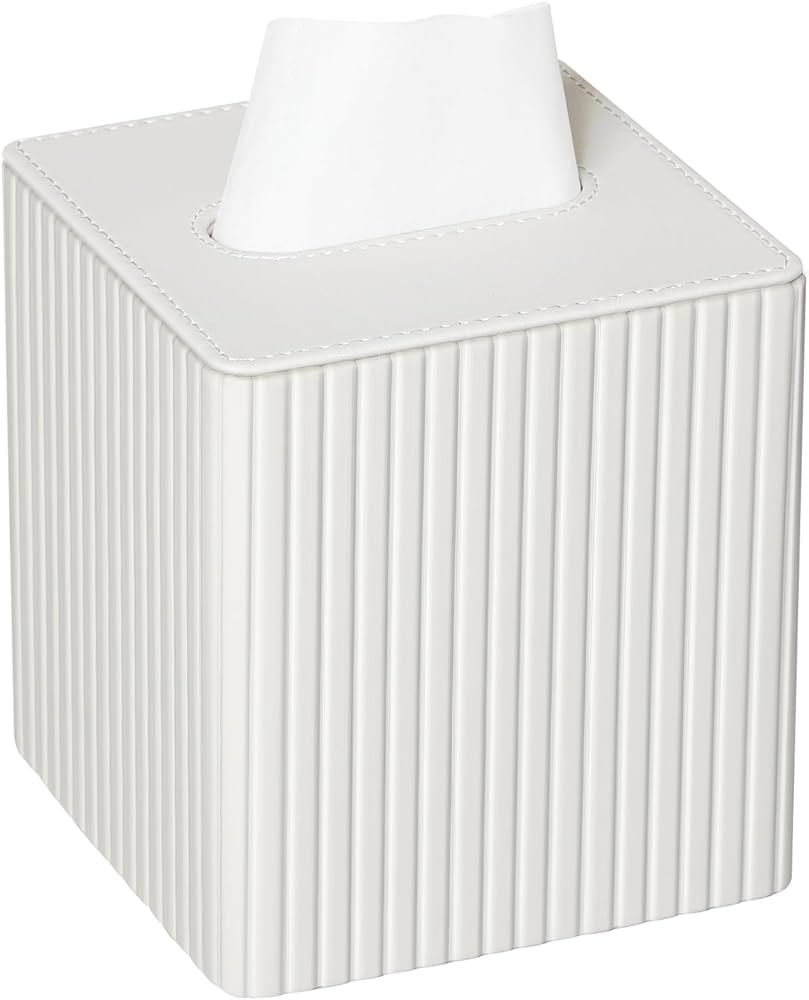 PU Leather Tissue Box Cover Square Tissue Box Holder with Magnetic Closure (White Stripe) | Amazon (US)