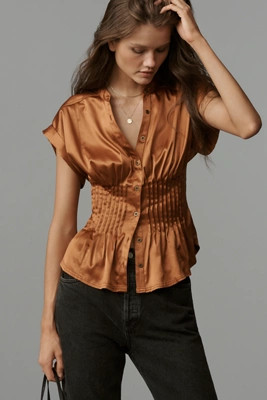 Pilcro Silky Pleated Waisted Blouse | Anthropologie (US)