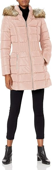 Laundry by Shelli Segal Women's 3/4 Puffer Jacket with Zig Zag Cinched Waist and Faux Fur Trim Ho... | Amazon (US)