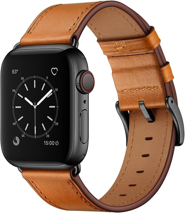 OUHENG Leather Bands Compatible with Apple Watch Band 49mm/46mm/45mm/44mm/42mm, Genuine Leather R... | Amazon (US)