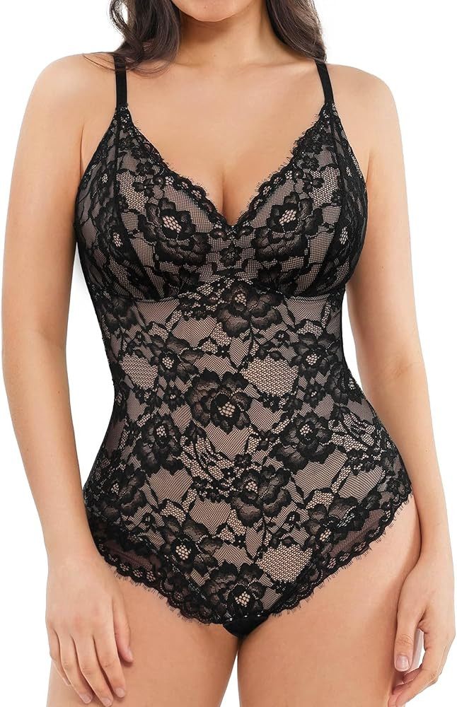 Popilush Shapewear Bodysuit V Neck Tummy Control Backless Lace Tank Tops Sleeveless Thong Bodysui... | Amazon (US)