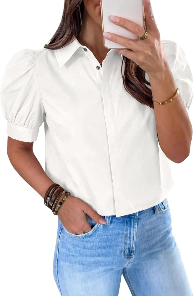 Tankaneo Womens Cropped Button Down Shirts Summer Puff Short Sleeve Collared Tops Dressy Casual C... | Amazon (US)