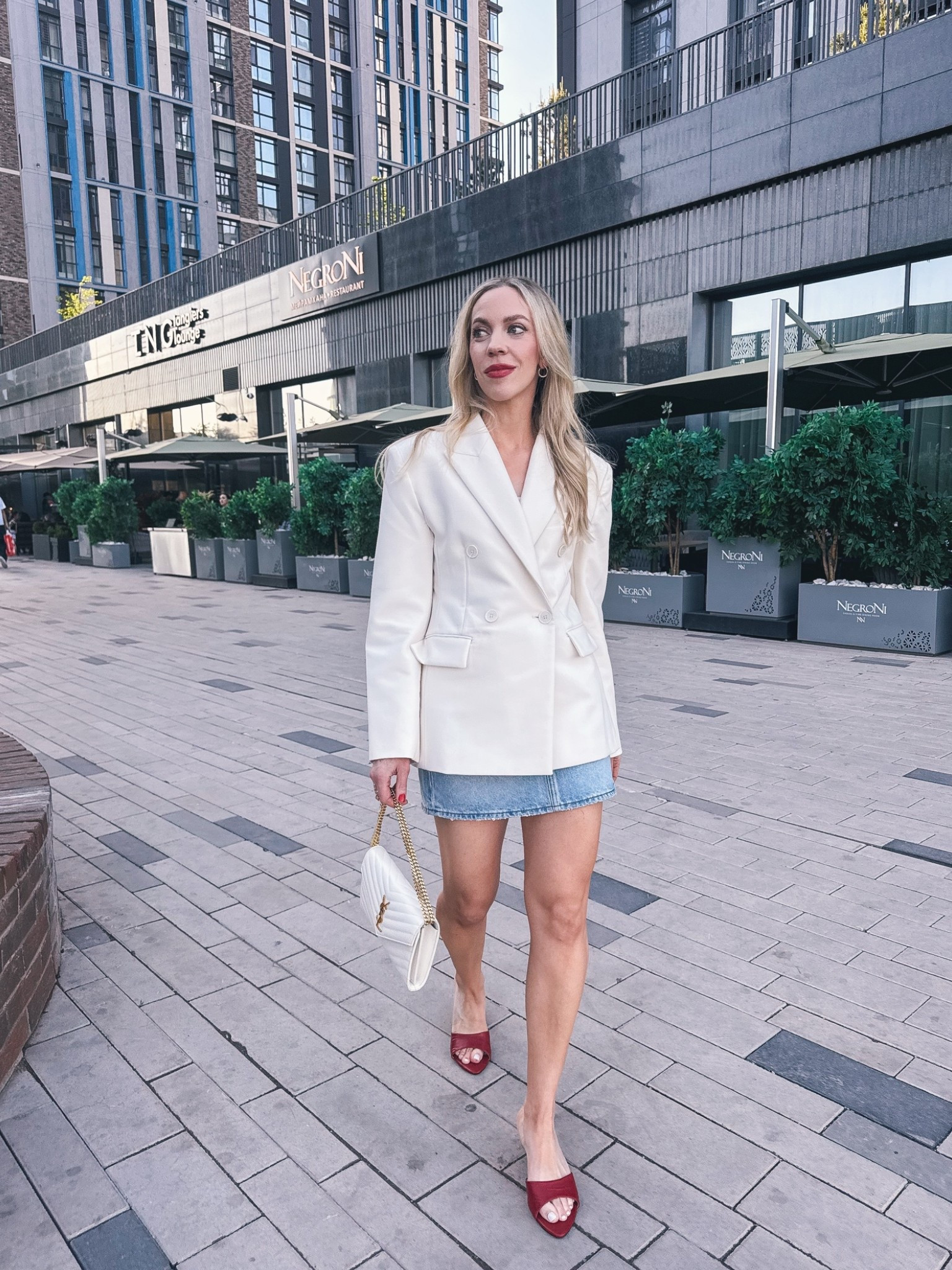 Date night outfit, Mango white blazer, @levi denim mini skirt, red peep toe mule sandals

#LTKOver40 #LTKSeasonal #LTKSaleAlert