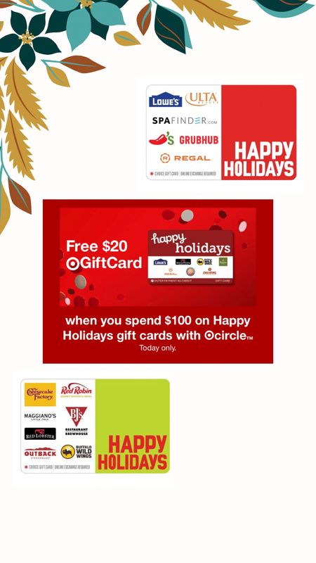 TODAY ONLY - FREE $20 Gift Card when you spend $100 on Happy Holidays Gift Cards at Target 

#LTKHolidaySale #LTKHoliday #LTKsalealert