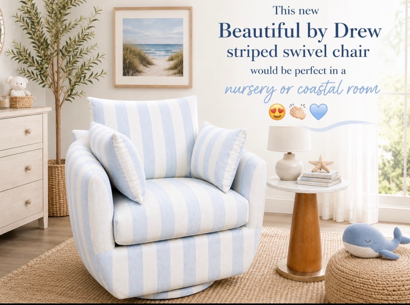 This chair looks like something you’d find in a boutique coastal home store… but it’s from Walmart. 😍🩵

The soft blue stripes, swivel design, and cozy oversized cushions make it perfect for a nursery, reading nook, or any space that needs a little coastal charm.

And honestly? It looks way more expensive than it is!
#walmartfinds #beautifulbydrew #coastalhome #nurserydecor #coastaldecor #walmarthome #lookforless #homefinds #swivelchair #coastalstyle