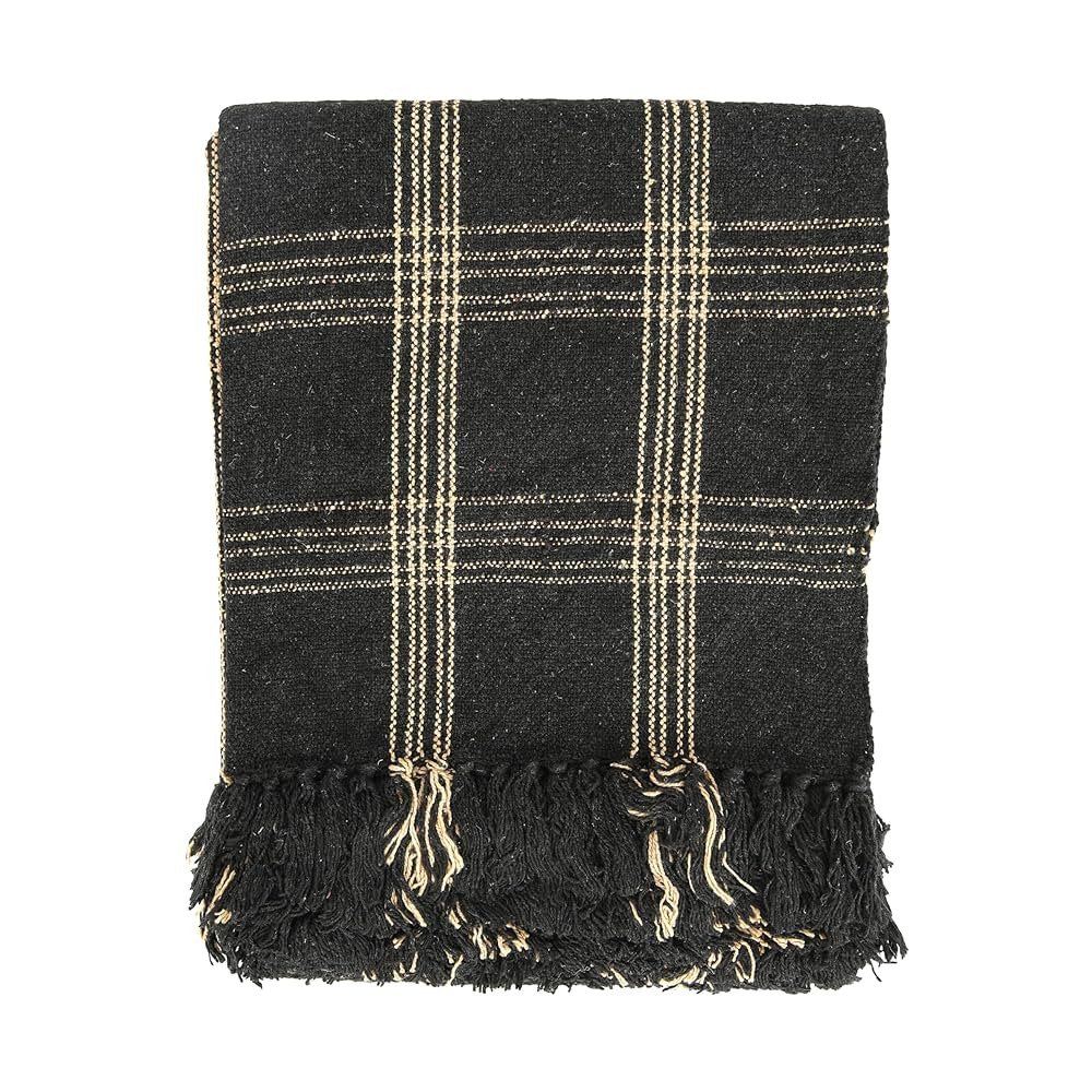 Plaid Black & Tan Fringed Woven Cotton Blend Throw | Amazon (US)