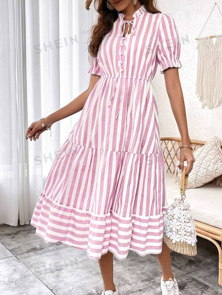 SHEIN Clasi Striped Collar Tie Waist Short Sleeve Dress | SHEIN EUR | SHEIN