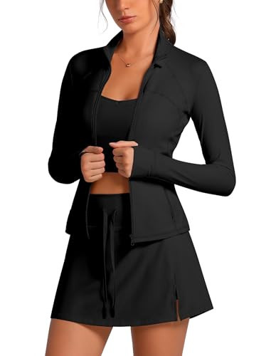 Workout Sets for Women 3 Piece Long Sleeve Zip Up Jacket with Cami Top and Tennis Dress Yoga Athletic Outfits | Amazon (US)
